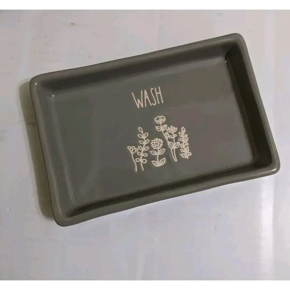 Rae Dunn Soap Dish Wash Gray Floral Wildflowers Flower Ceramic New Embossed